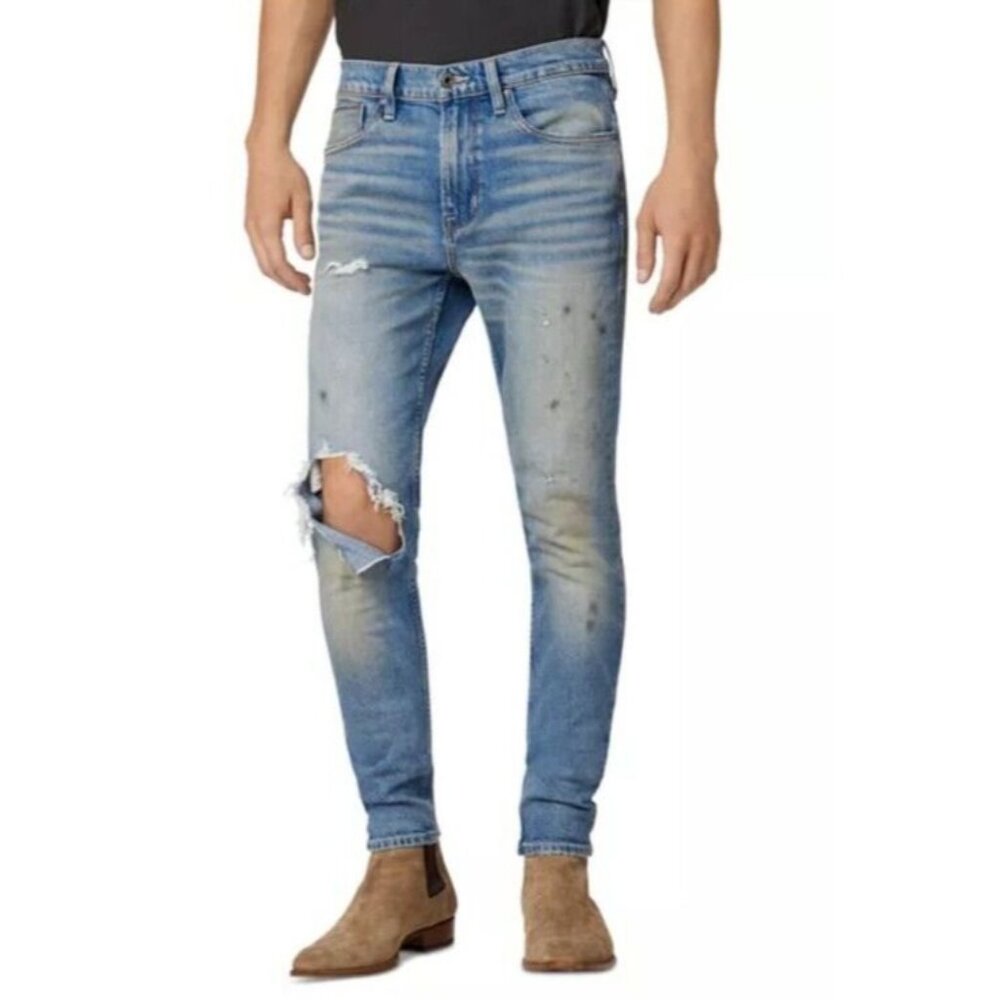 Hudson Zack Side Zip Skinny Fit Jeans Mens 32 Blue Visions Distressed New $290